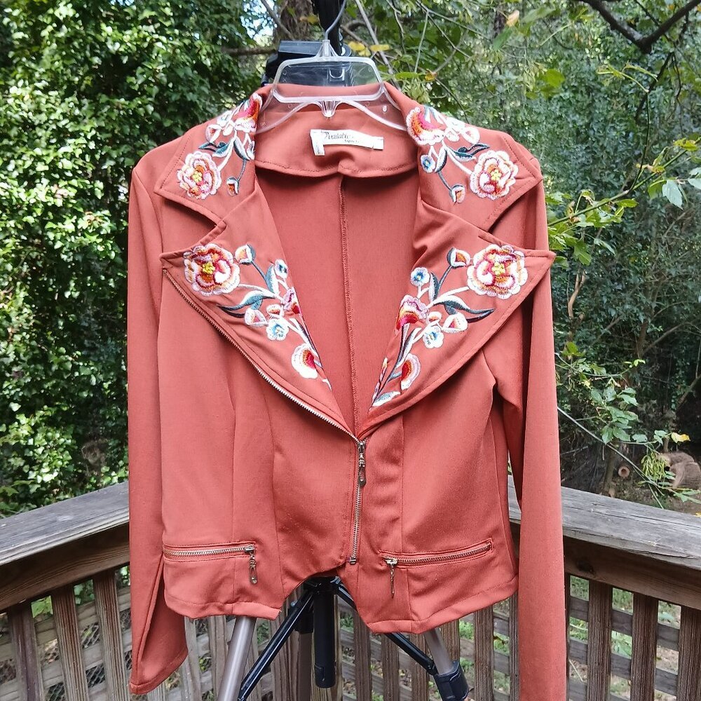 Pumpkin Spice Fabric Moto Style Jacket  with Vibrant Floral Embroidery Sz L